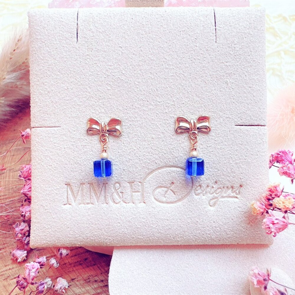 14k Gold-Filled Bow Stud Earrings with Crystal Cube | Handmade in BC